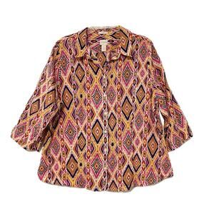 Chico’s No Iron Top Button Down 100% Linen Blouse Size 3 (XL) Southwestern
